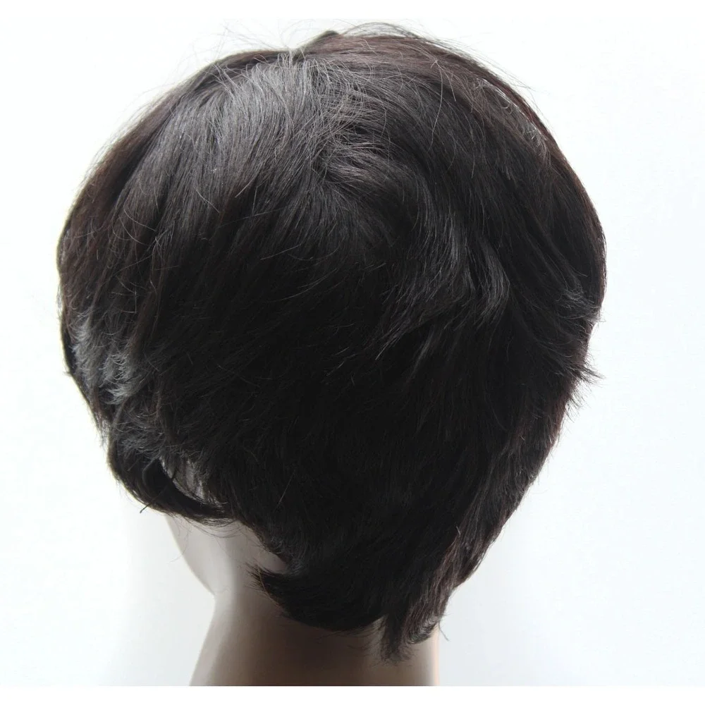 Short Pixie Cut Dark Brown Wig #2 Adjustable Mesh Cap Synthetic and Human Hair